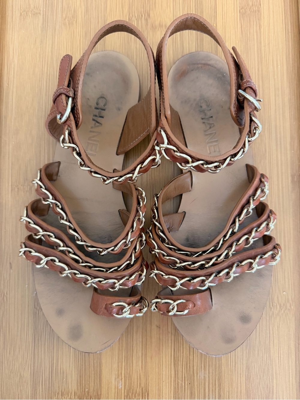 CHANEL Brown Leather Chain-Strap Sandals